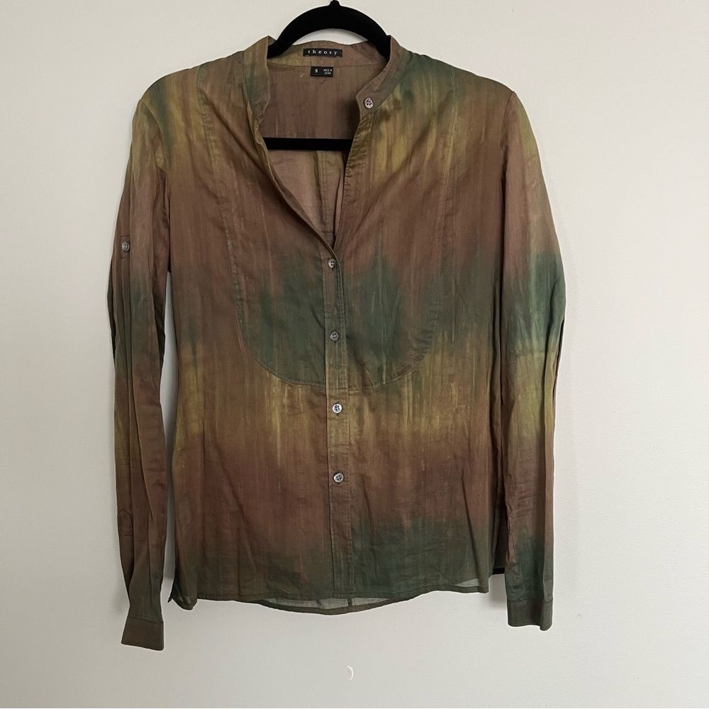 THEORY Larissa Button Up cotton shirt green brown tie dye size SP
